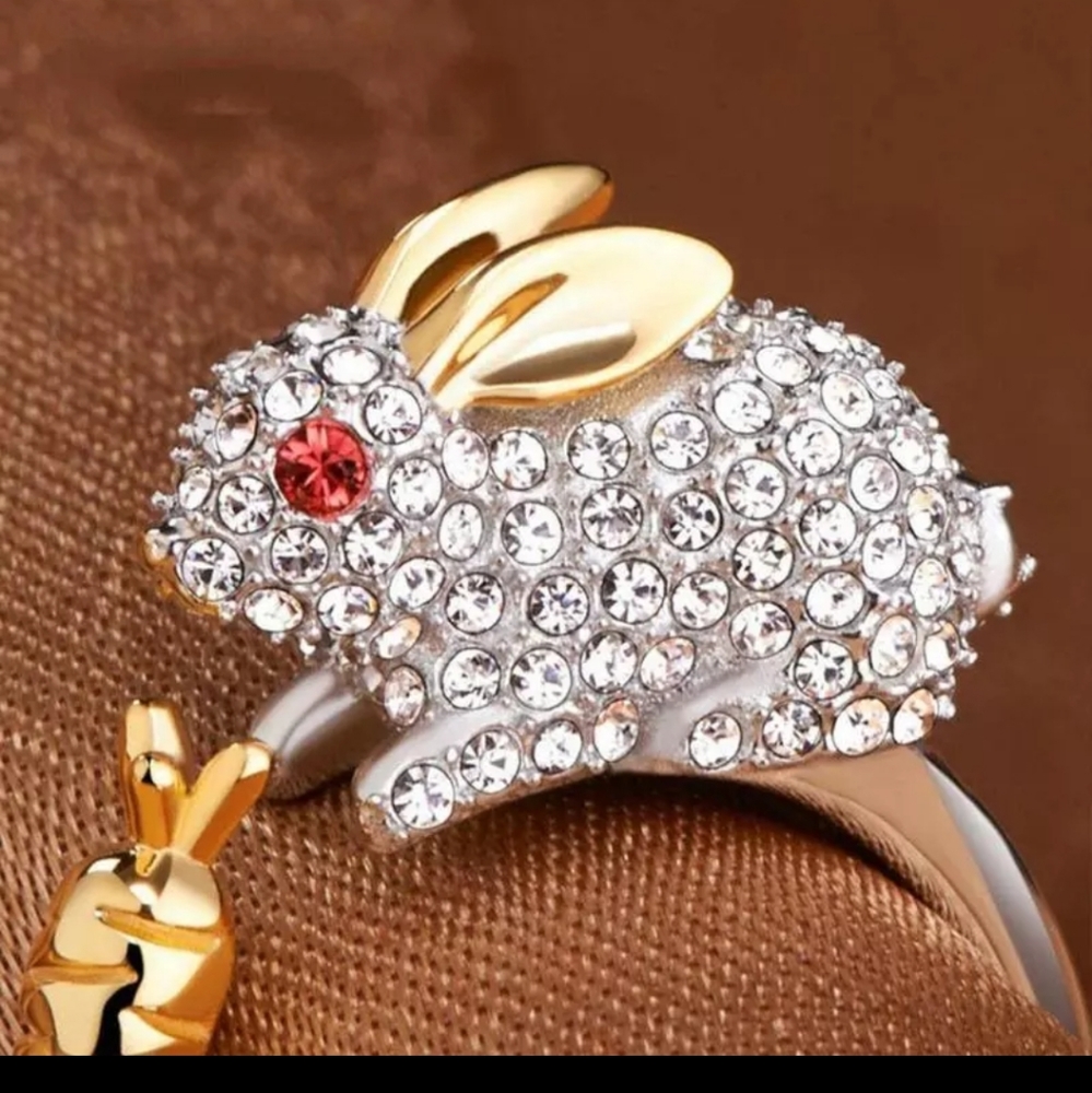 Rabbit bunny crystal ring adjustable sz 7 8 9 new Easter spring carrot 925 - Picture 4 of 12
